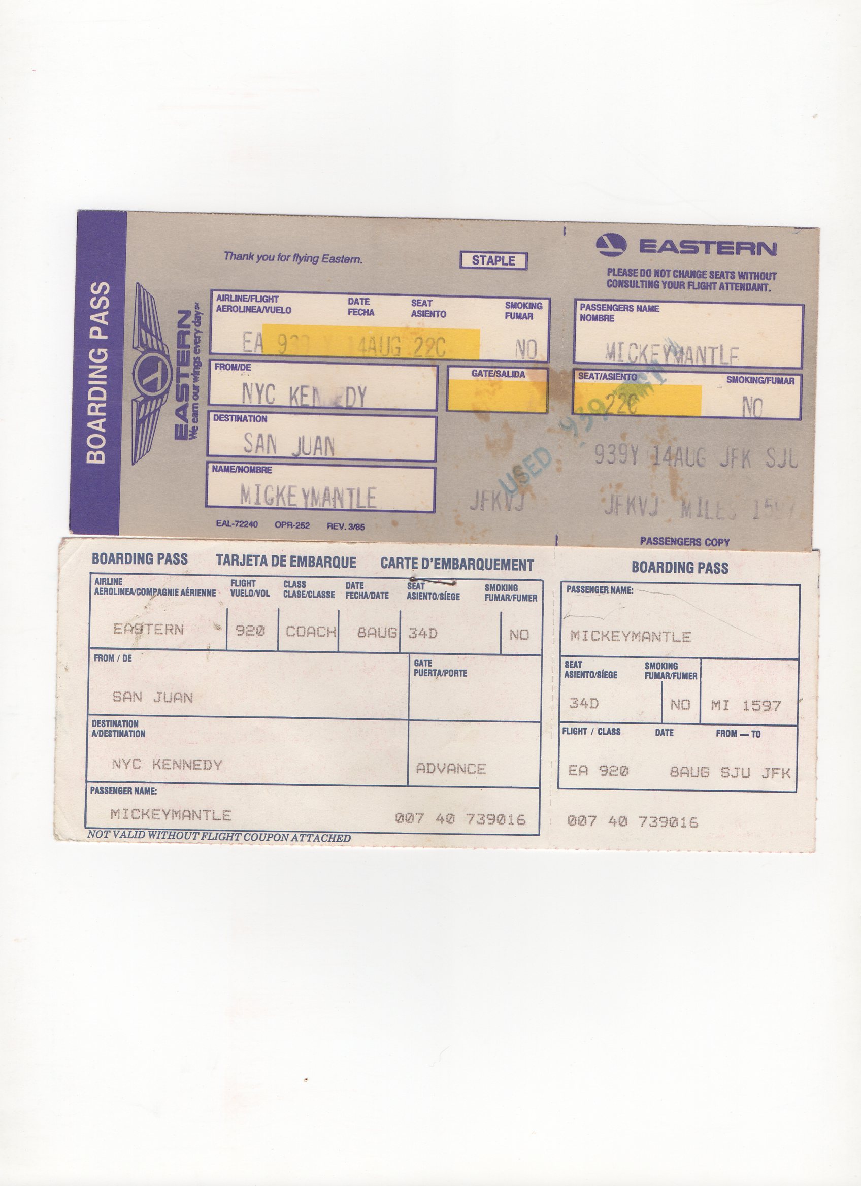 1985 eastern airlines boarding pass