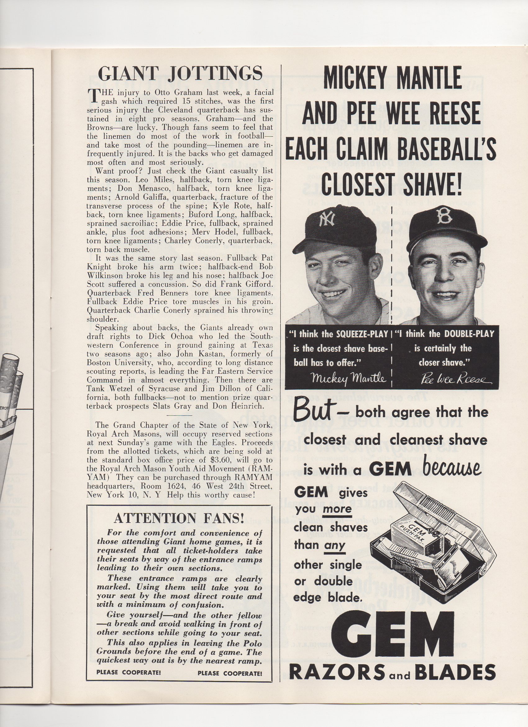 1953 giants/redskins program, 11/22/1953