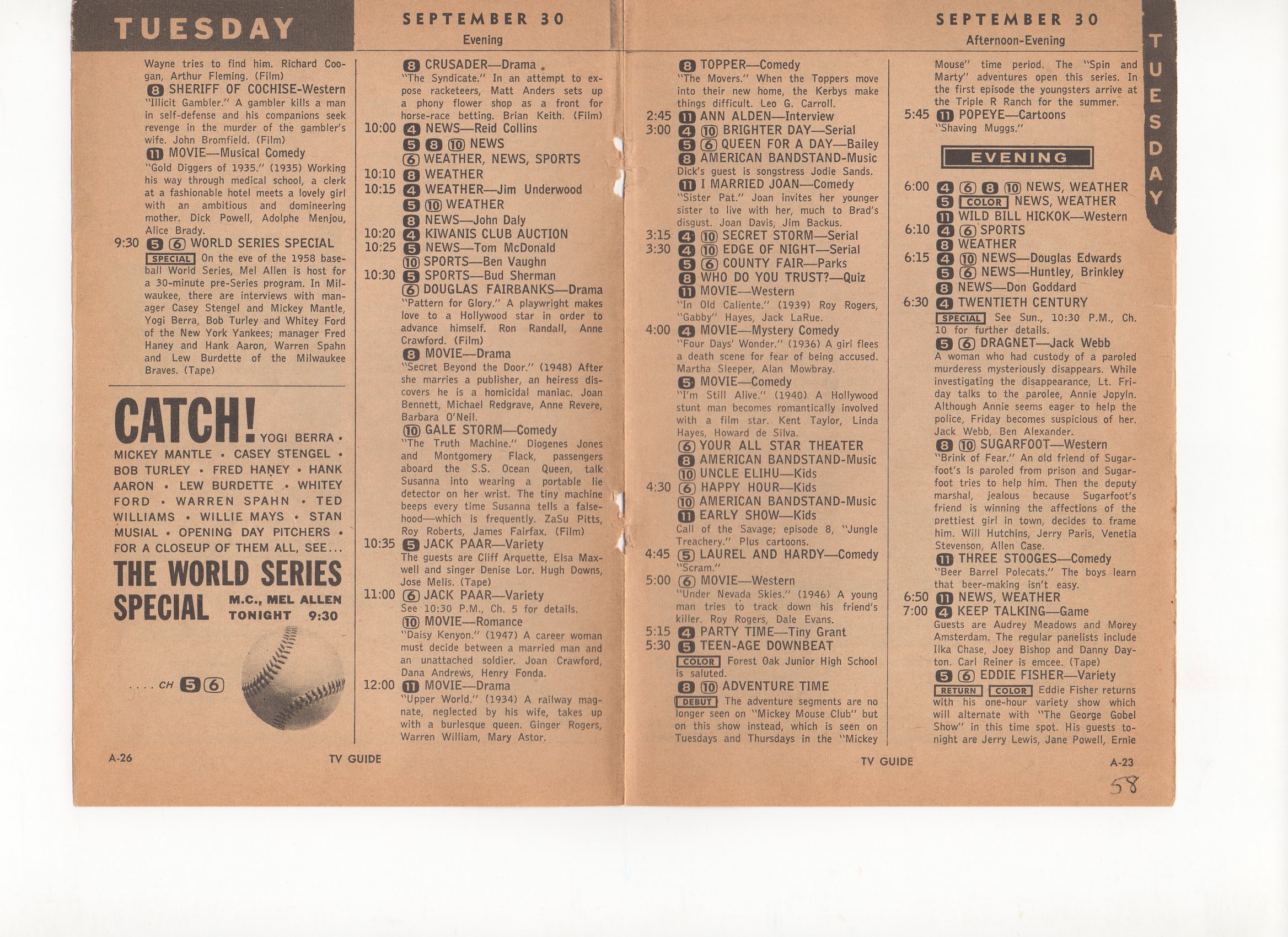 1958 tv guide, 09/30/1958