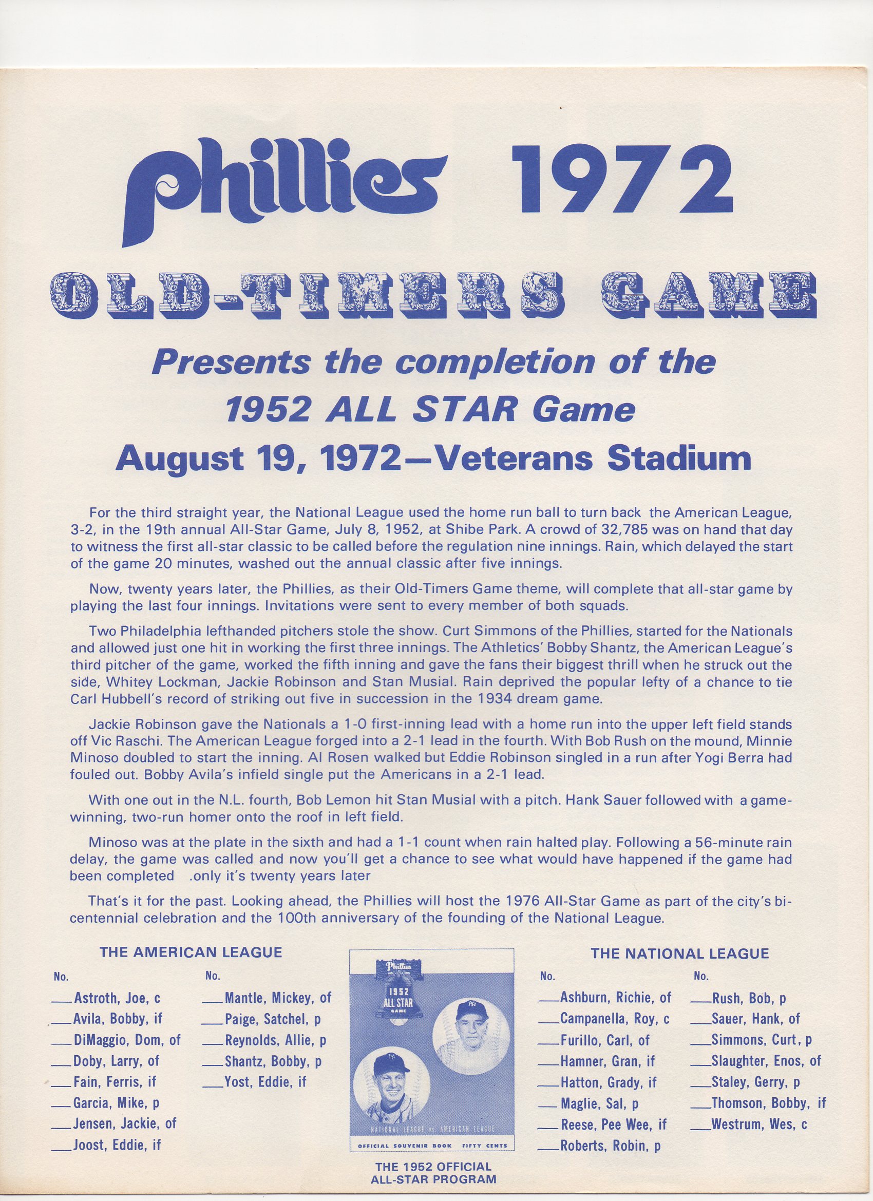 1972 phillies old timers game 08/19/1972