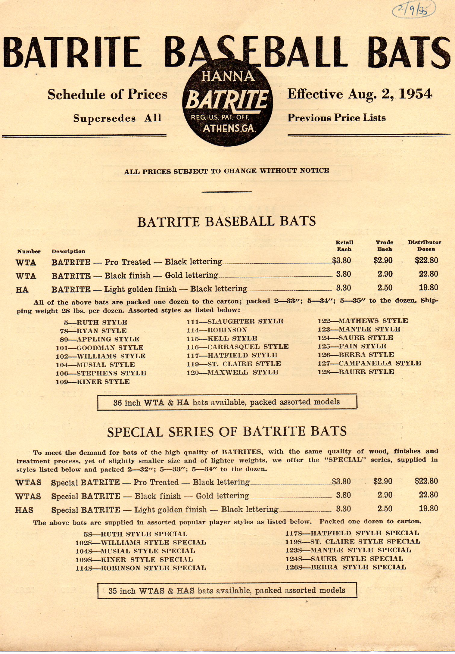 1954 price list