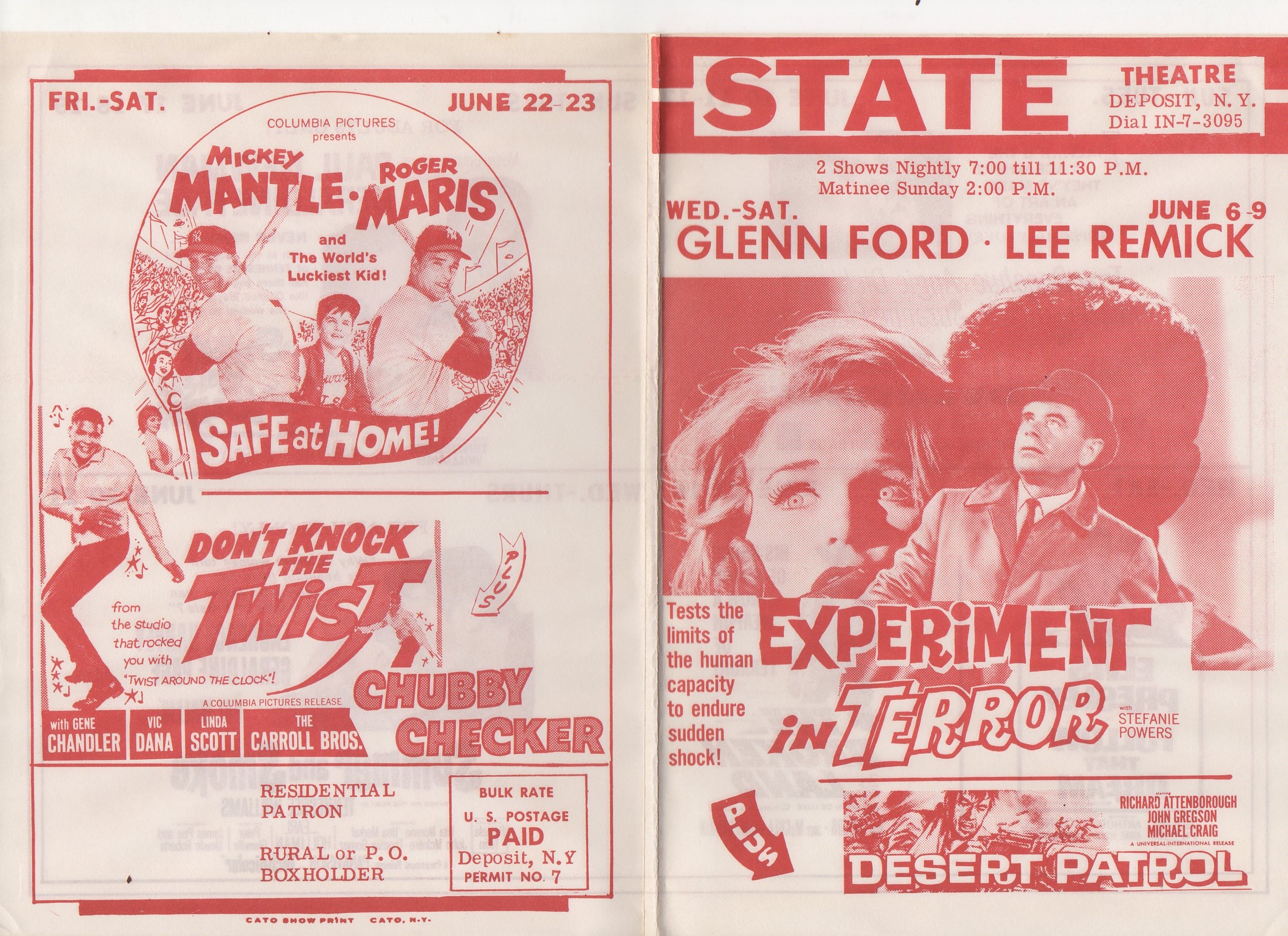 1962 state theatre, deposit, ny, 06/22-23, rare home mailer