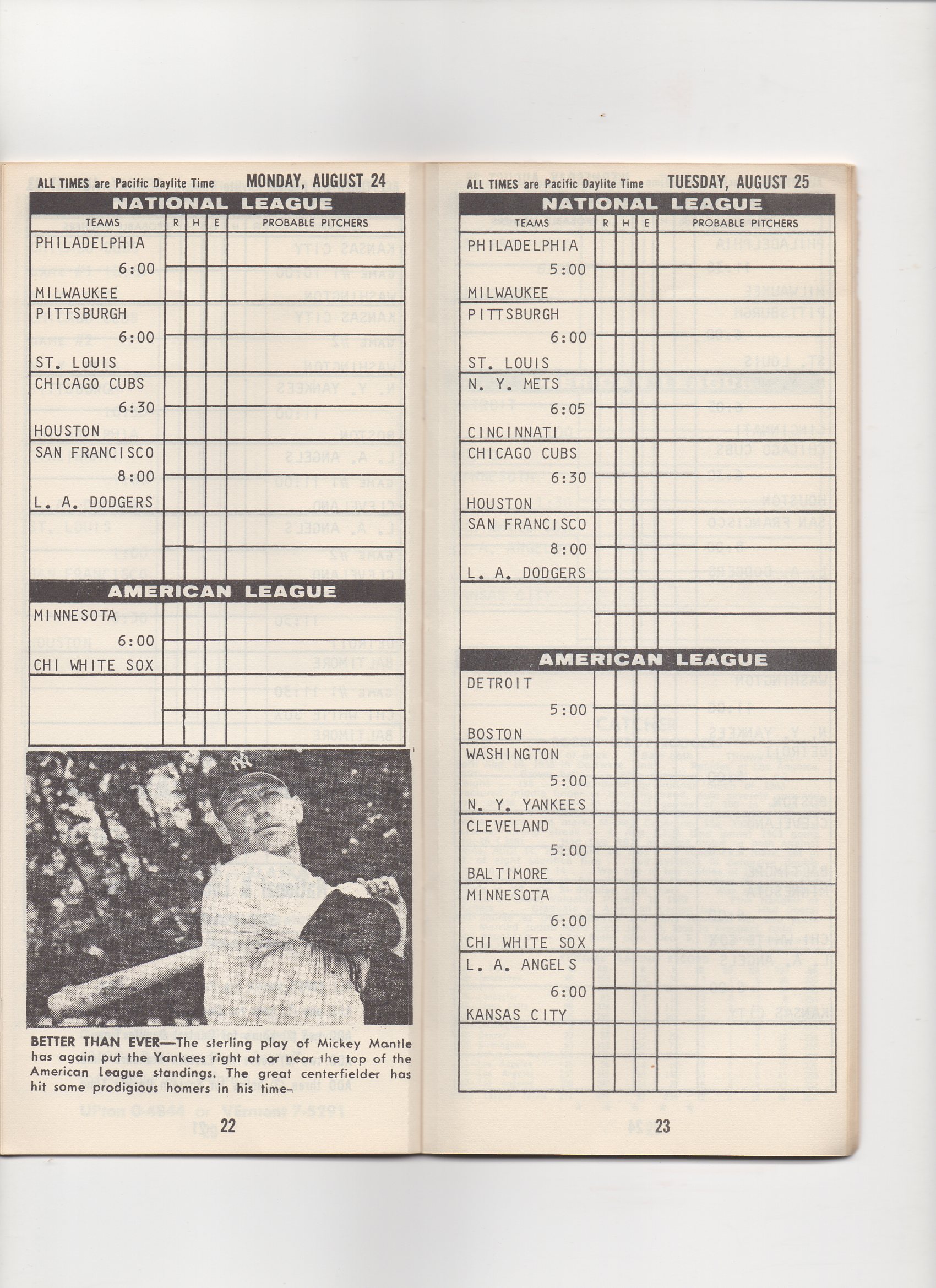 1964 baseball scoreboard booklet, 08/10-09/06
