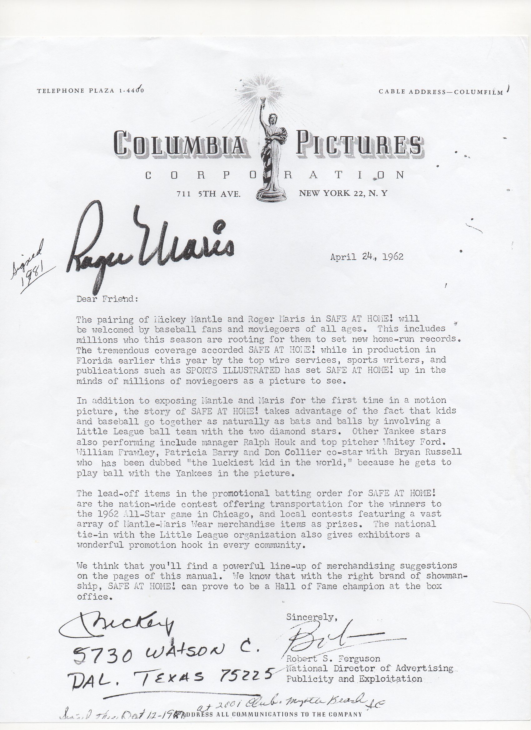 1962 columbia pictures letter, copy, org was signed as you see, 04/24/1962